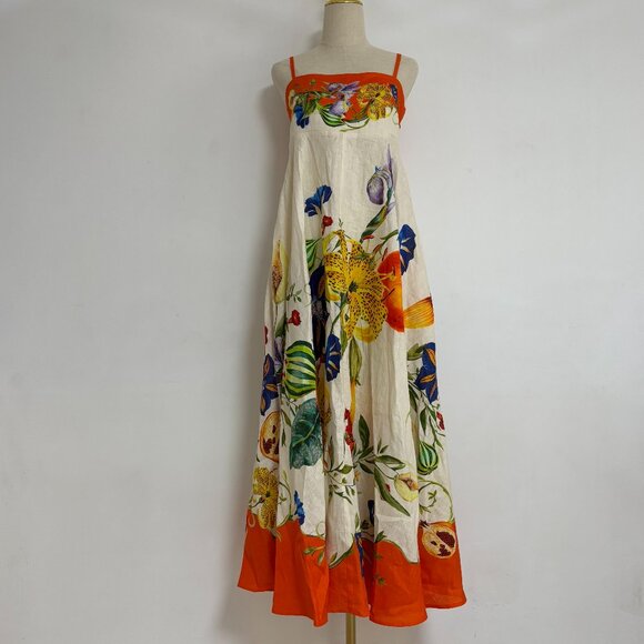 Alemais Pomegranate Floral Print Square-Neck Linen Midi Dress - Picture 4 of 12